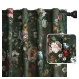 Green Vintage Curtains for Living Room, Super Soft Velvet Bedroom Curtains with Floral Printing Back Tab Boho Thermal Insulated Window Drapes for Nursery, W52 x L96, 2 Panels - Retail: $55