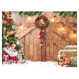 10x8ft Christmas Barn Door Backdrop Christmas Rustic Wooden Wall Background Xmas Tree Snow Holiday Party Decoration Photo Booth - Retail: $22