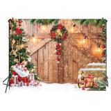 10x8ft Christmas Barn Door Backdrop Christmas Rustic Wooden Wall Background Xmas Tree Snow Holiday Party Decoration Photo Booth - Retail: $22