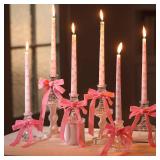 6 Set Pink Bow Coquette Taper Candles with Glass Candlestick Holders Christmas 10 Inch Tall Pillar Candles Bow Birthday Decorations for Wedding, Christmas, Dinner, Party, Anniversary - Retail: $33