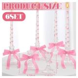 6 Set Pink Bow Coquette Taper Candles with Glass Candlestick Holders Christmas 10 Inch Tall Pillar Candles Bow Birthday Decorations for Wedding, Christmas, Dinner, Party, Anniversary - Retail: $33