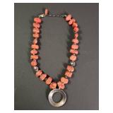 Silpada .925 Coral and Silver Circle Pendant Necklace Retired