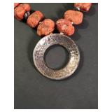 Silpada .925 Coral and Silver Circle Pendant Necklace Retired