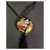 Japanese Cloisonne Enamel Bird & Flower Pendant Necklace