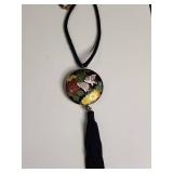 Japanese Cloisonne Enamel Bird & Flower Pendant Necklace