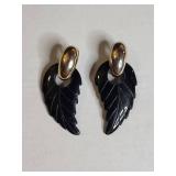 Carved Black Leaf Earrings with Red Button Studs Set