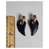 Carved Black Leaf Earrings with Red Button Studs Set