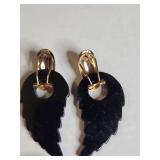 Carved Black Leaf Earrings with Red Button Studs Set