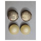 Gold Tone Striped and Cream Button Clip On Earrings Set