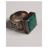 Silpada .925 Sterling Silver Turquoise Inlay Ring with Geometric Design 15g