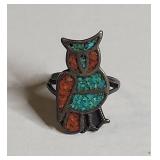 Turquoise and Coral Owl Ring