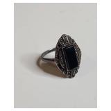 Sterling Silver, Onyx and Marcasite Ring 4g