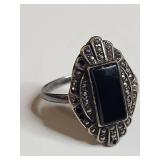 Sterling Silver, Onyx and Marcasite Ring 4g