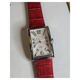 Rectangular Japanese Quartz Watch with Red Leather Band