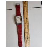 Rectangular Japanese Quartz Watch with Red Leather Band