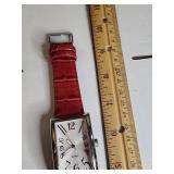 Rectangular Japanese Quartz Watch with Red Leather Band