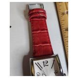 Rectangular Japanese Quartz Watch with Red Leather Band