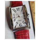 Rectangular Japanese Quartz Watch with Red Leather Band