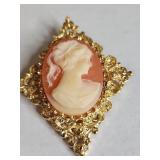 Vintage Gerrys Shell Cameo Brooch with Ornate Gold Frame