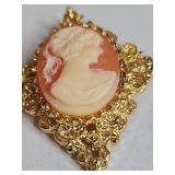 Vintage Gerrys Shell Cameo Brooch with Ornate Gold Frame