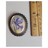 Vintage TLM Purple Iris Floral Oval Brooch