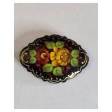 Hand Painted Black Floral Brooch