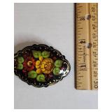 Hand Painted Black Floral Brooch