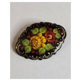 Hand Painted Black Floral Brooch
