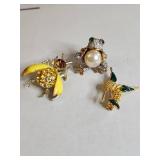 Animal Brooch Set - Pearl Frog, Golden Hummingbird & Bumble Bee