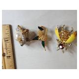Animal Brooch Set - Pearl Frog, Golden Hummingbird & Bumble Bee