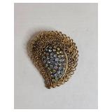 Gold Filigree Blue Rhinestone Brooch