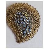 Gold Filigree Blue Rhinestone Brooch