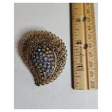 Gold Filigree Blue Rhinestone Brooch
