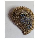 Gold Filigree Blue Rhinestone Brooch