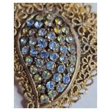 Gold Filigree Blue Rhinestone Brooch