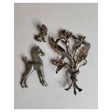 Silver-Tone Horse, Dog and Floral Pin Set