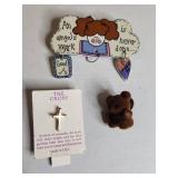 Three Piece Gift Set - Angel Plaque, Teddy Bear Pin and Gold Cross Pin