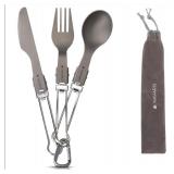Navaris Titanium Folding Utensil Set - Fork Knife Spoon Foldable Metal Silverware Utensils for Camping, Backpacking, Hiking - With Carabiner and Bag - Retail: $20