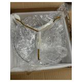 Navaris Glass Fruit Bowl with Stand - Clear Round Centerpiece for Dining Table - Gold Tinted Metal Footed Salad Bowl - for Serving or as Decorative Display - Retail: $30