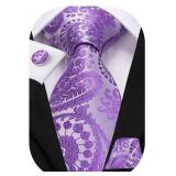 Hi-Tie Mens Purple Paisley Ties Silk Necktie Pockets Square Cufflinks Sets Wedding Party - Retail: $9