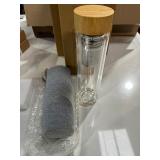 Navaris Glass Water Bottle with Tea Infuser - Double Walled Borosilicate Glass Travel Tumbler with Bamboo Lid and Non Slip Gray Neoprene Sleeve - 17oz - Retail: $25