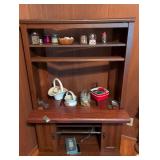 Wood Entertainment Center with Pull-Out Shelf and contents