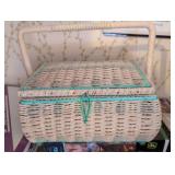 Turquoise Wicker Sewing Box with contents
