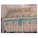 Turquoise Wicker Sewing Box with contents