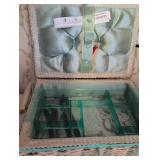 Turquoise Wicker Sewing Box with contents