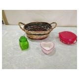 Kitchen Decor Collection - Woven Basket, Green Glass Jar, Heart Dish & Red Container Kitchen Decor Collection - Woven Basket, Green Glass Jar, Heart Dish & Red Container