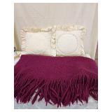 Quilted Lace Ruffle Decorative Pillows with Burgundy Throw Quilted Lace Ruffle Decorative Pillows with Burgundy Throw