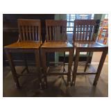 Solid Oak Bar Stools with Slat Back - Set of 3