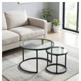 Round Nesting Coffee Table Set of 2, Modern Glass Nesting Tables, Stacking Minimalist End Table for Living Room Bedroom Small Space, Clear Tempered Glass and Black