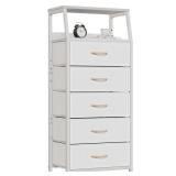 Furnulem White Dresser with 5 Drawers, Vertical Storage Tower Fabric Dresser for Bedroom, Hallway, Entryway, Nursery, Closet Organizer, Nightstand Bedside Table Furniture, Sturdy Steel Frame, Wood Top